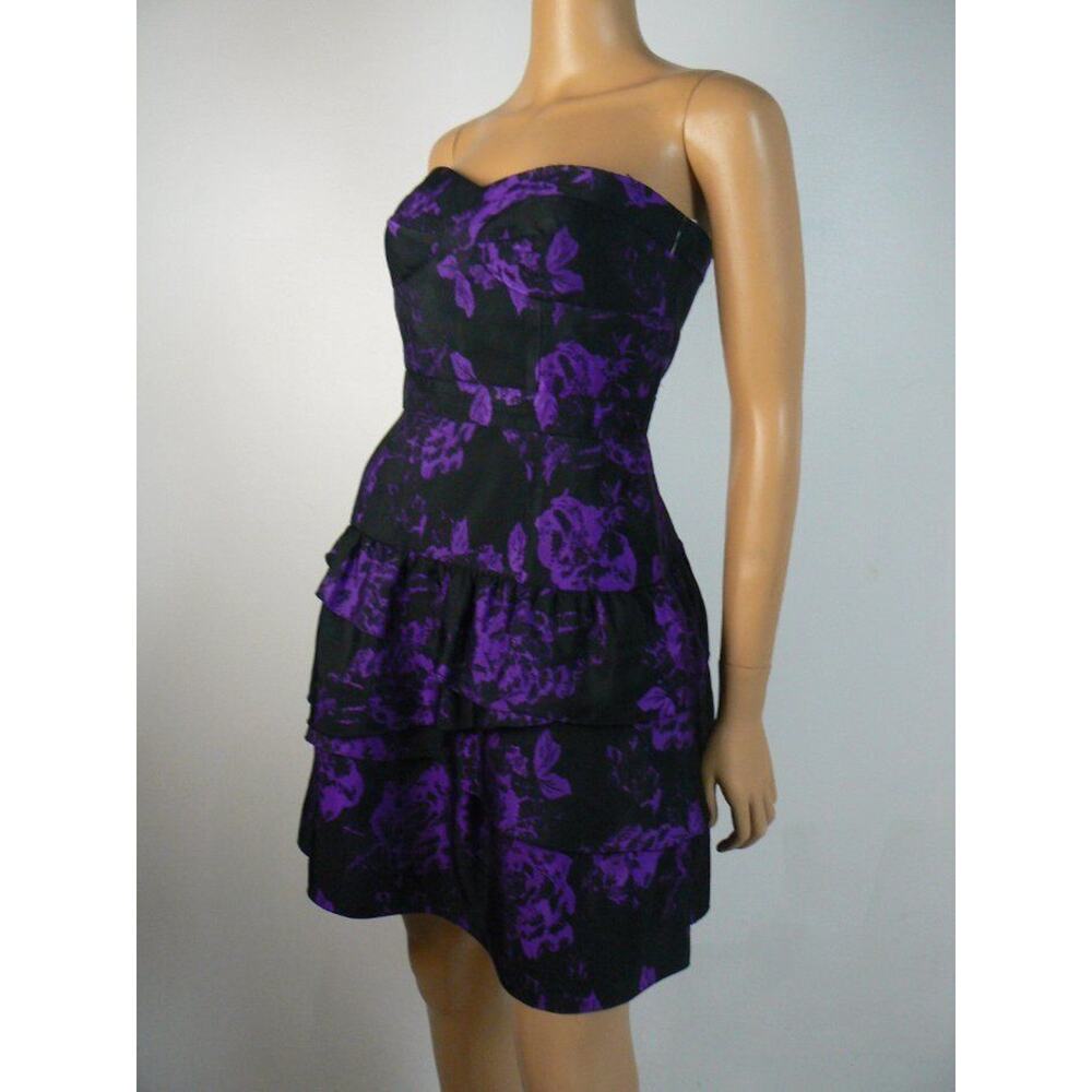 $168 Ali Ro Black Purple Floral Sateen Tiered Sweetheart Dress 6 NEW A866 - Picture 6 of 7